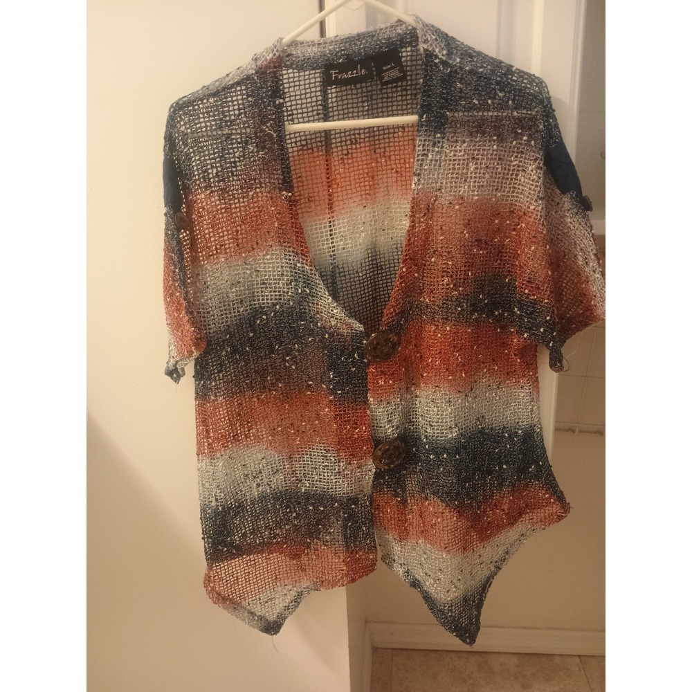 Frazzle Cardigan Womens Large Boho Mesh Knot Red White Blue Sheer Wood Button